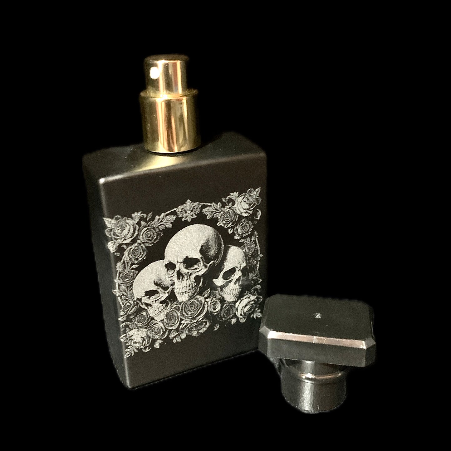 Skull & Rose Engraved black glass Perfume/ Aftershave bottle