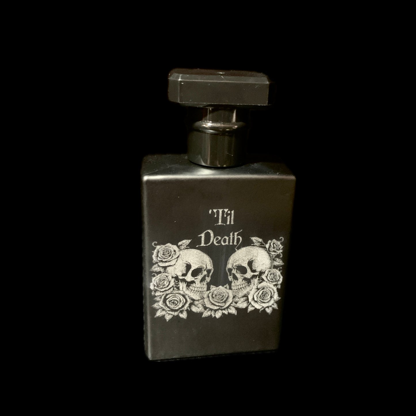 'Til Death Skull & Rose Engraved black glass Perfume/ Aftershave bottle