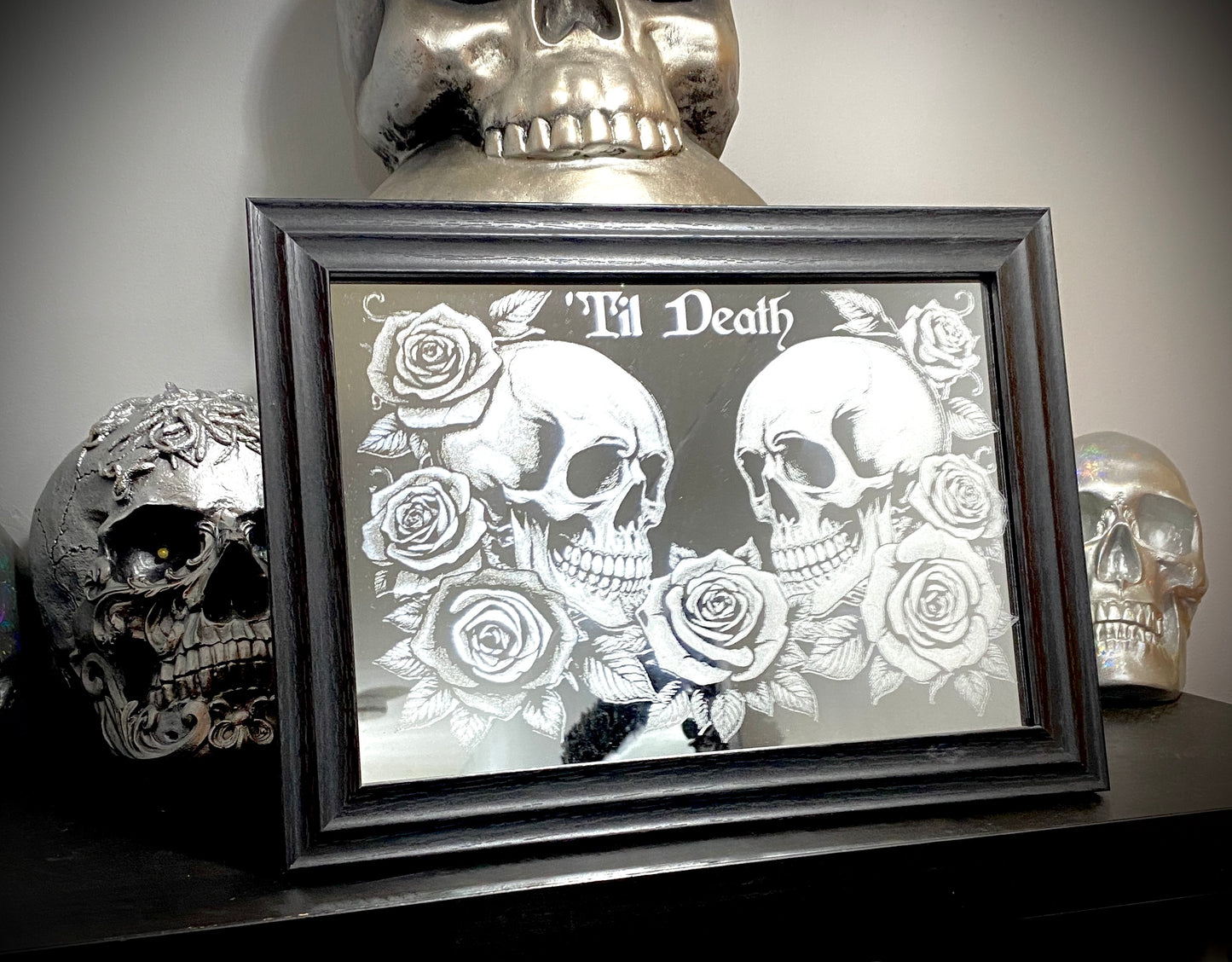 Til Death Skull & Rose Framed Engraved mirror