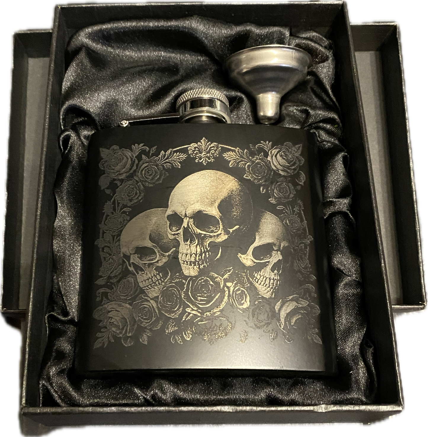 Deluxe Skull & Rose Hip flask gift box set - Black