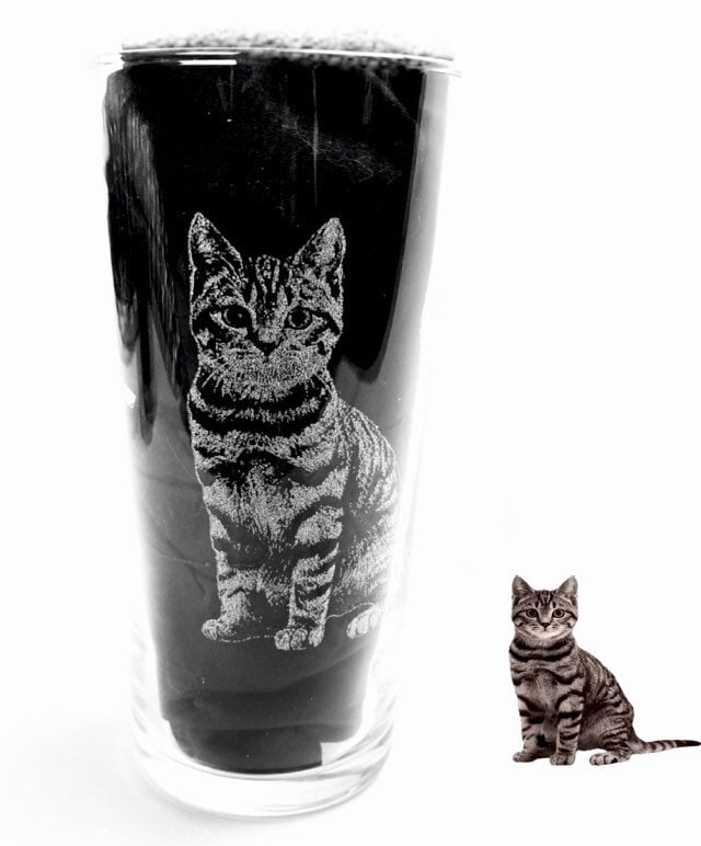 PHOTO ENGRAVED glassware, personalised etched glass, pets, dogs, cat, pictures of family, gift. beer, pint, whiskey tankard, gin, fathers