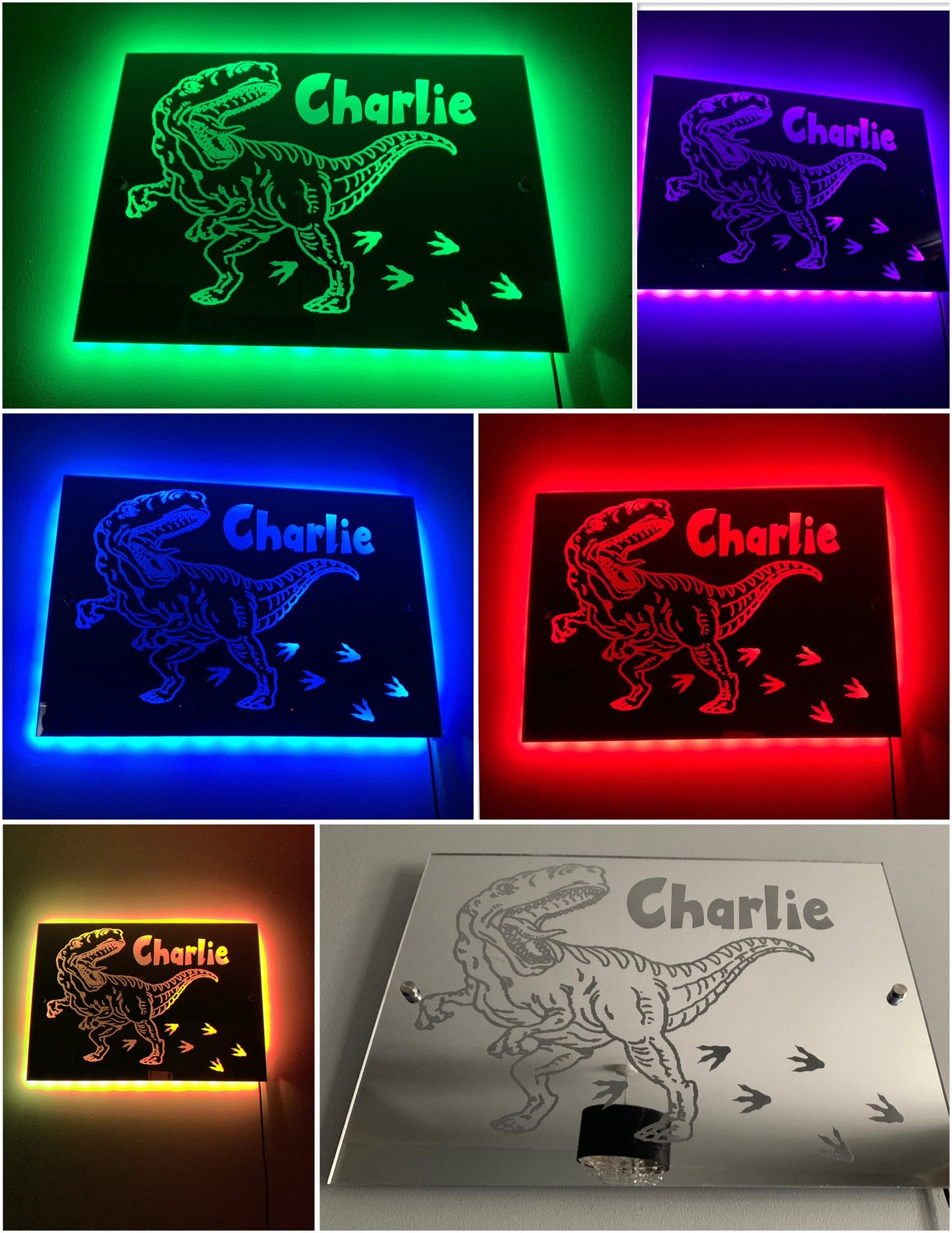 DINOSAUR LIGHT up MIRROR personalised engraved acrylic wall led sign. T-Rex, bedroom, nursery, playroom, name, boys, girls gift, green,