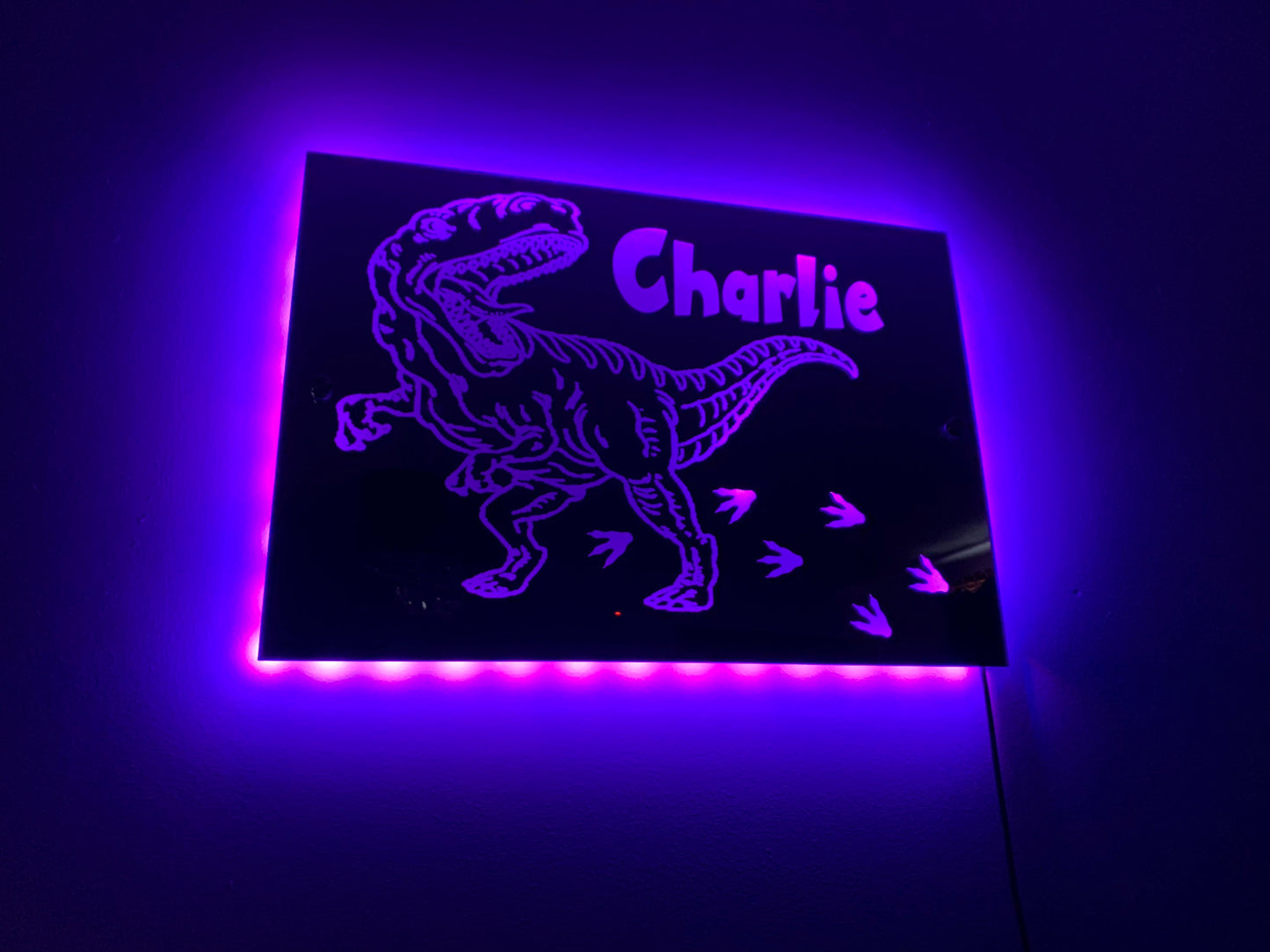 DINOSAUR LIGHT up MIRROR personalised engraved acrylic wall led sign. T-Rex, bedroom, nursery, playroom, name, boys, girls gift, green,