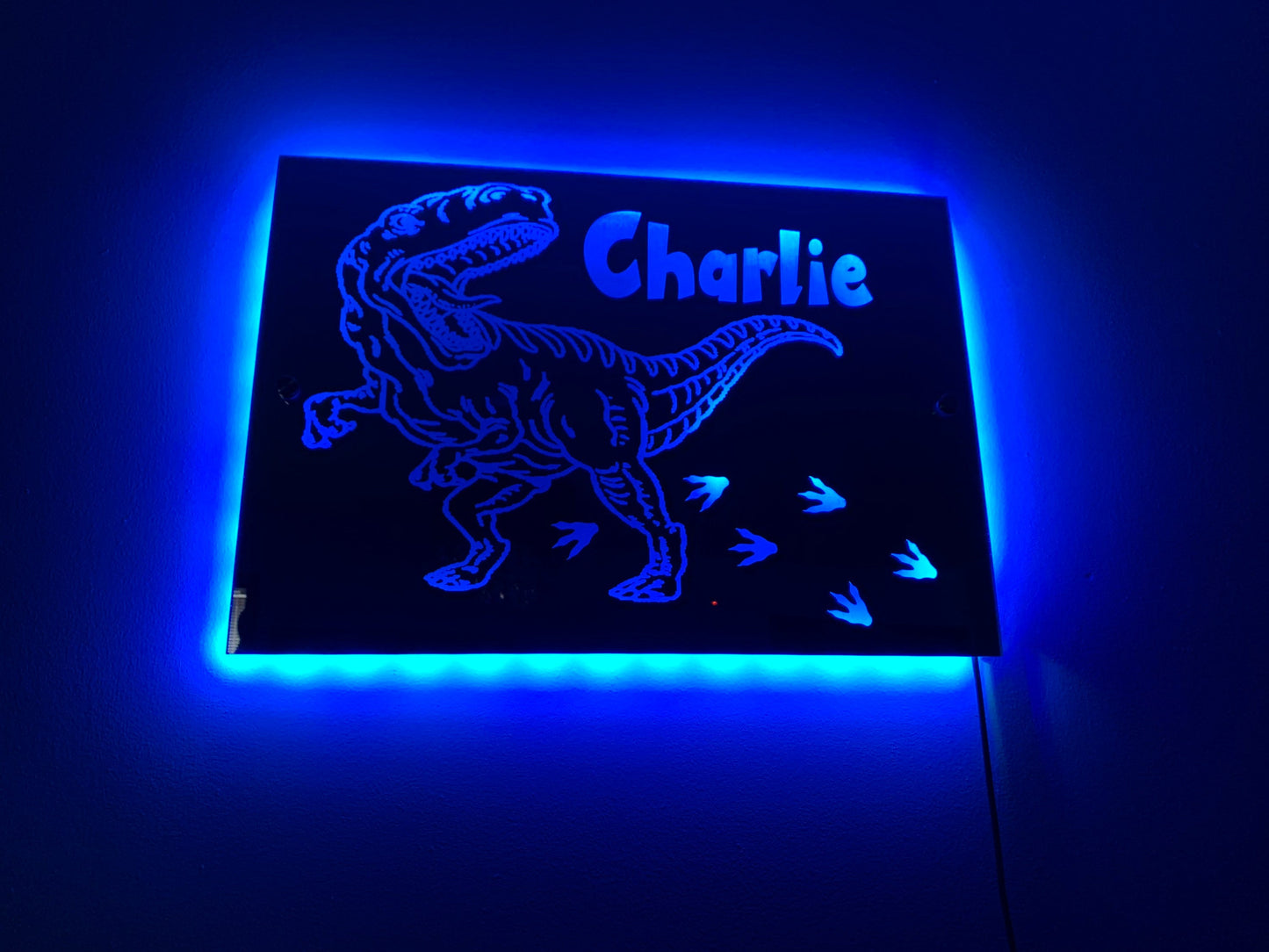 DINOSAUR LIGHT up MIRROR personalised engraved acrylic wall led sign. T-Rex, bedroom, nursery, playroom, name, boys, girls gift, green,