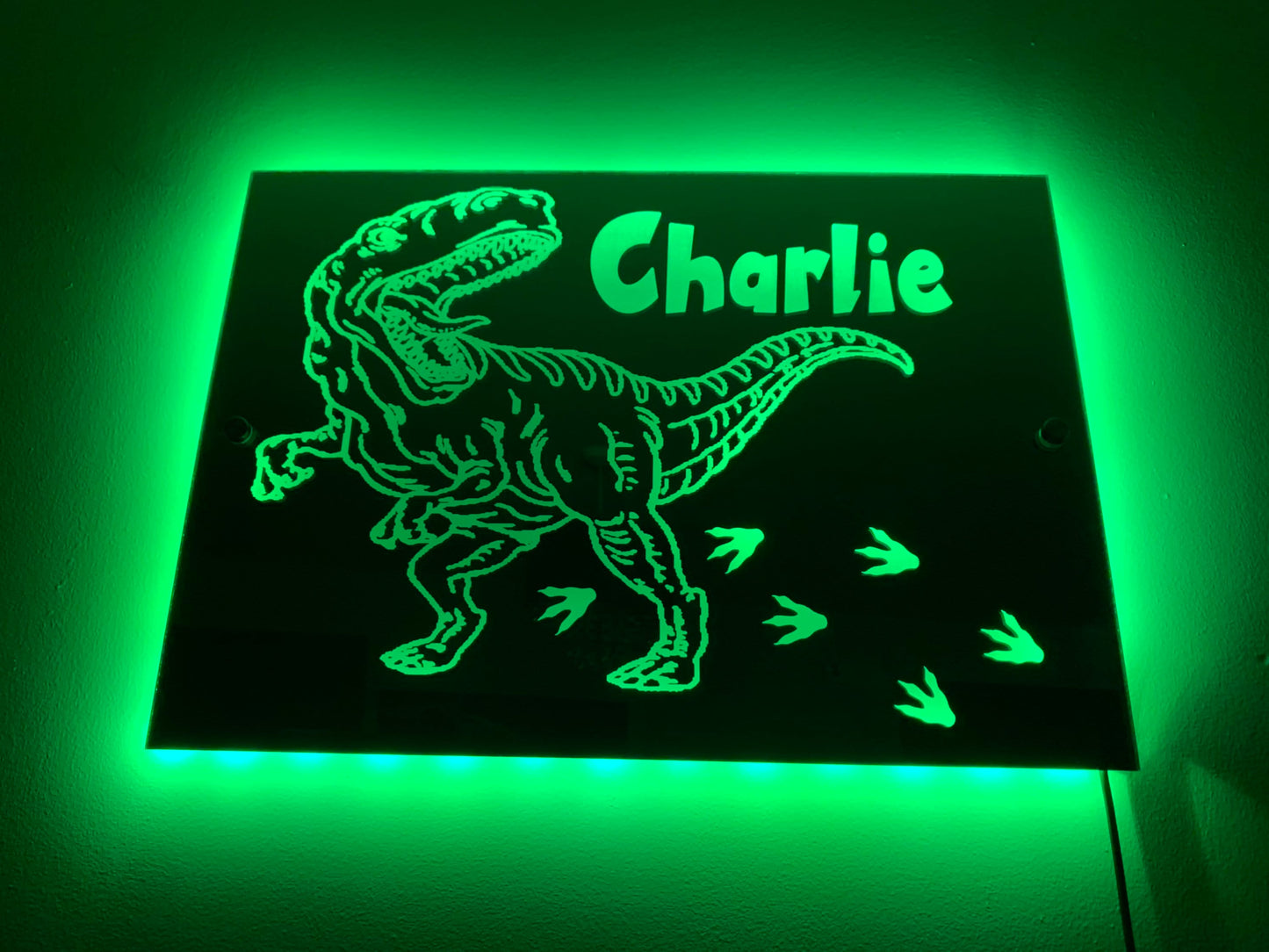 DINOSAUR LIGHT up MIRROR personalised engraved acrylic wall led sign. T-Rex, bedroom, nursery, playroom, name, boys, girls gift, green,