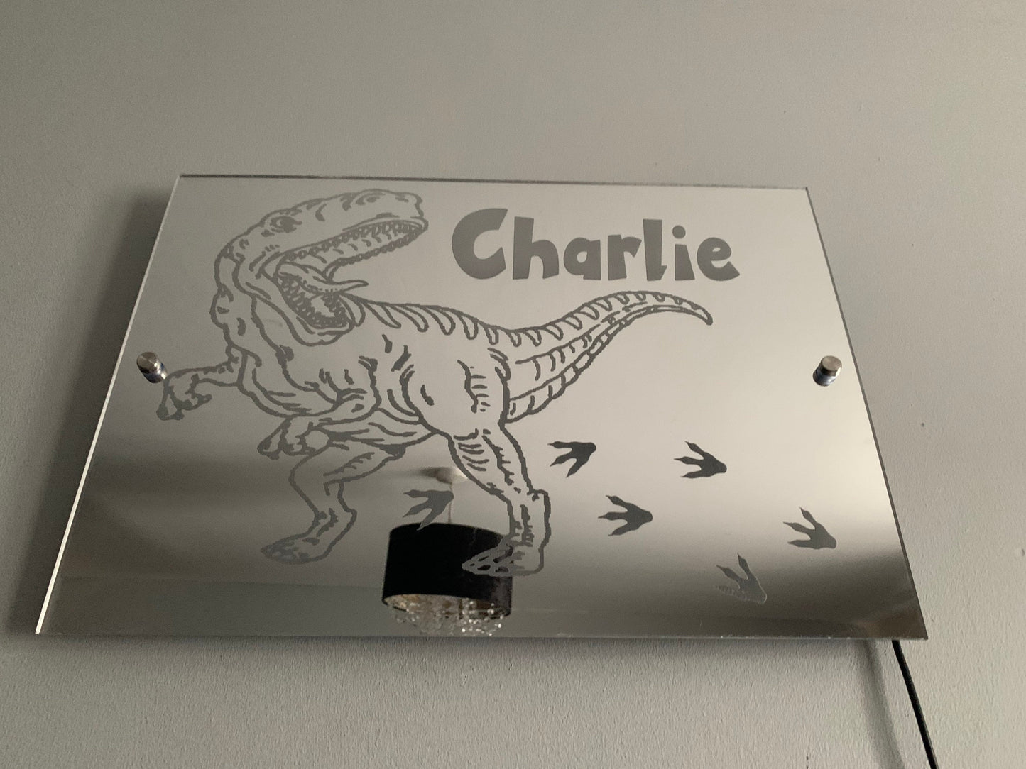 DINOSAUR LIGHT up MIRROR personalised engraved acrylic wall led sign. T-Rex, bedroom, nursery, playroom, name, boys, girls gift, green,