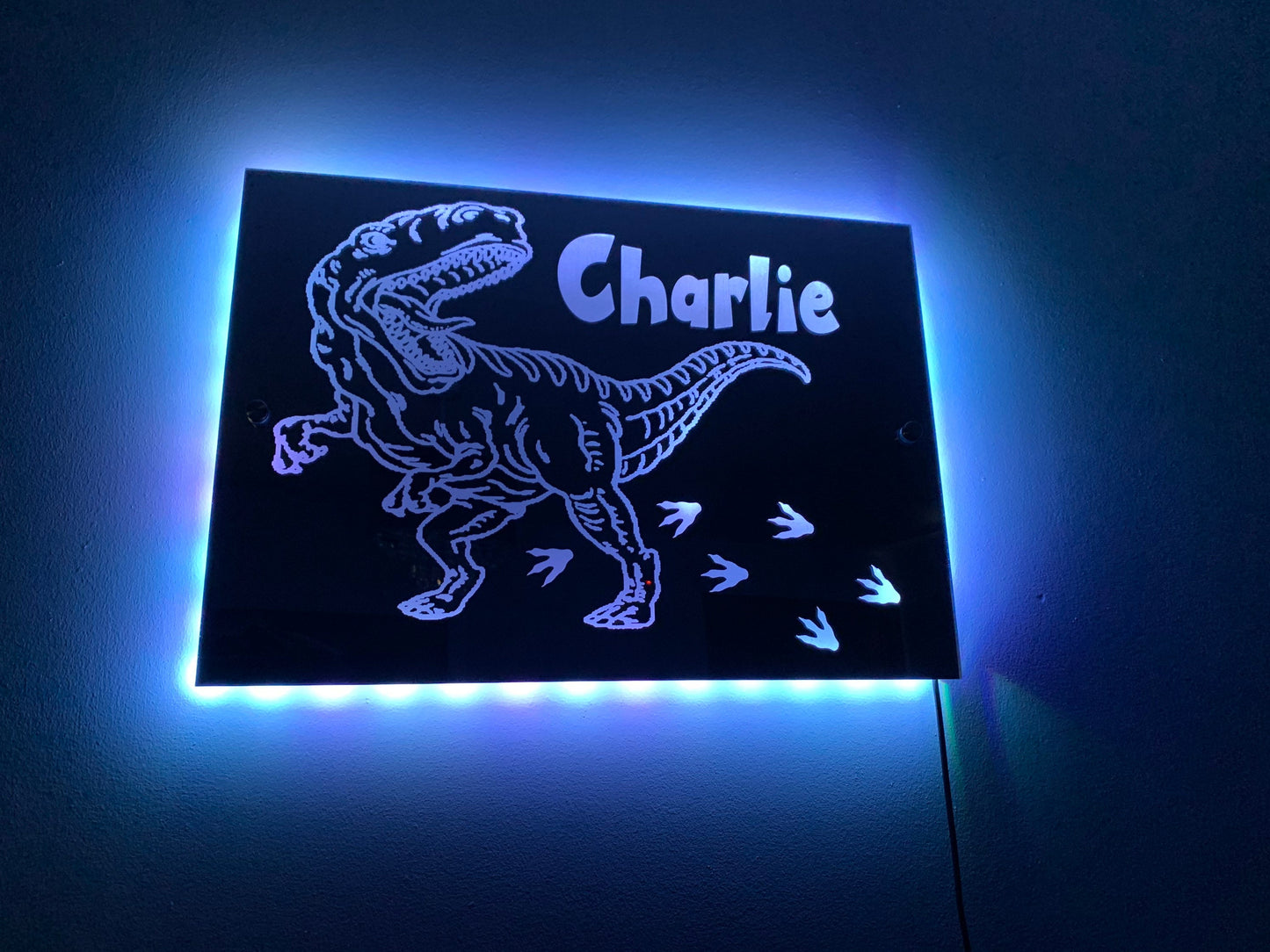 DINOSAUR LIGHT up MIRROR personalised engraved acrylic wall led sign. T-Rex, bedroom, nursery, playroom, name, boys, girls gift, green,