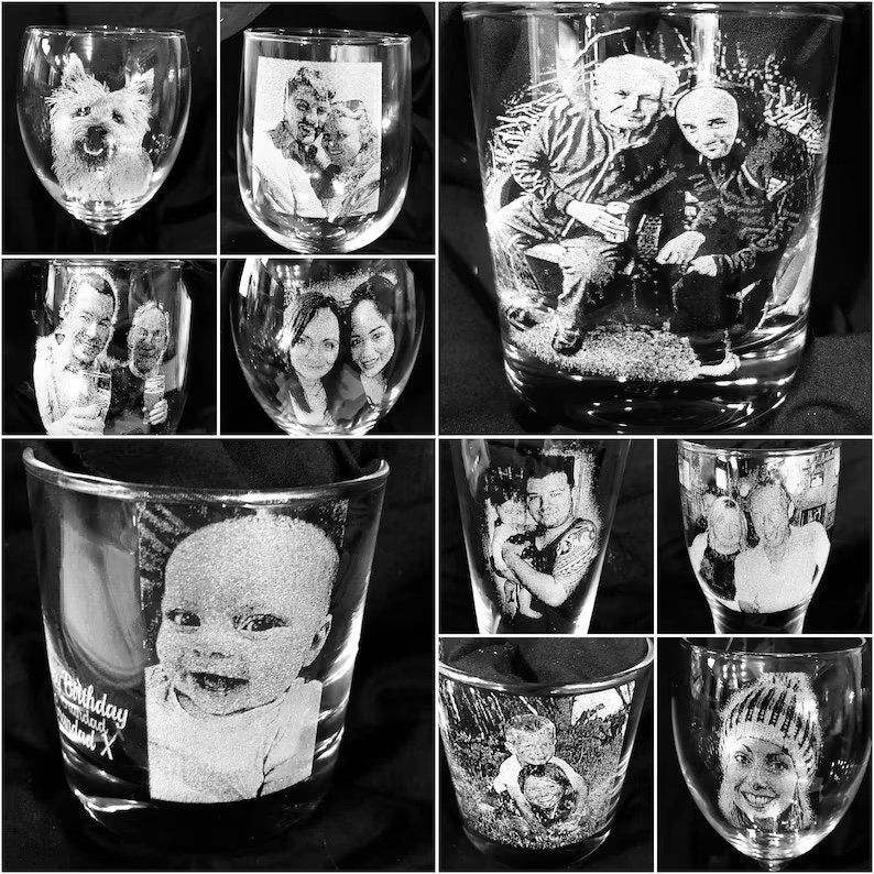 ENGRAVED DECANTER & WHISKEY, glass set, brandy, spirits, alcohol, etched memorial, pet, dog, family, picture, gin, Christmas gift him, dad
