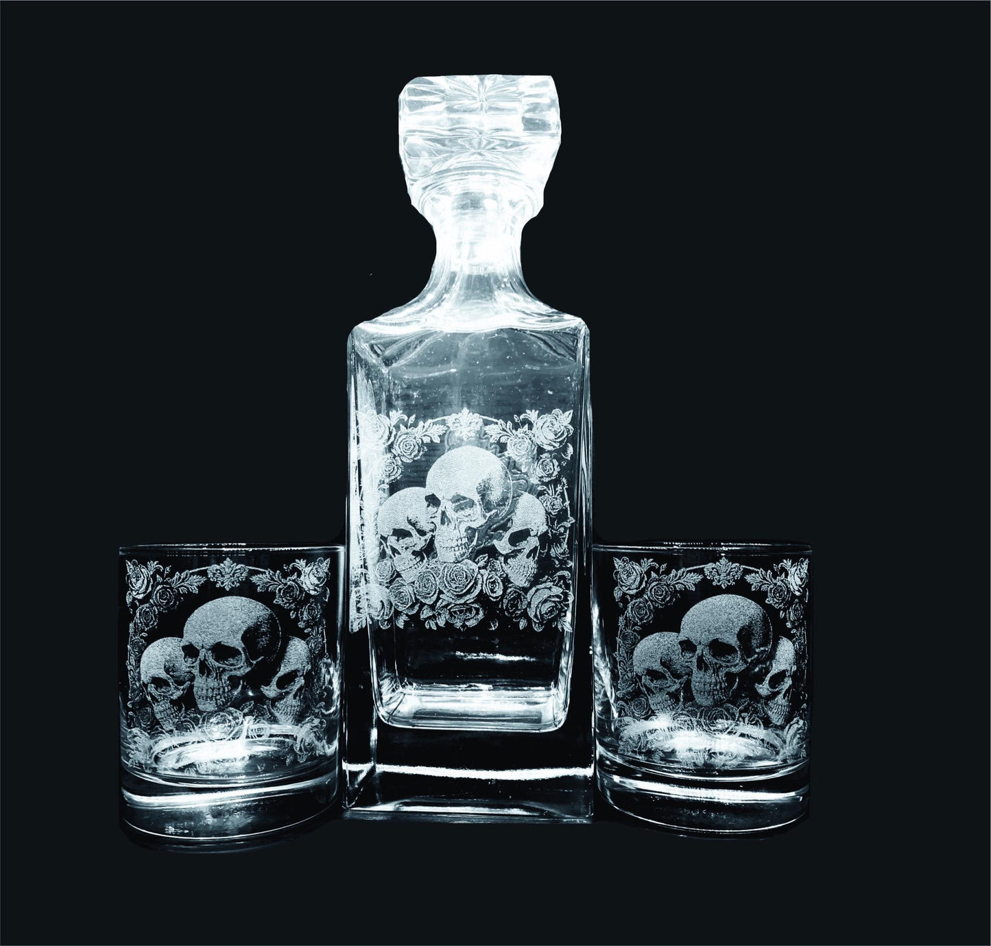 Deluxe SKULL & ROSE ENGRAVED glassware personalised etched glass gift beer, pint, whiskey tankard gin, fathers, dark goth rock, tattoo, ink