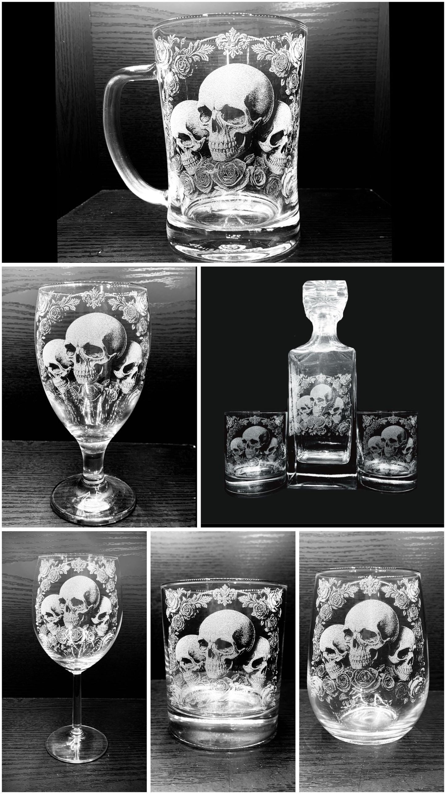 Deluxe Wine SKULL & ROSE ENGRAVED glassware personalised etched glass gift beer, pint, tankard gin, dark goth rock, tattoo, ink whisky