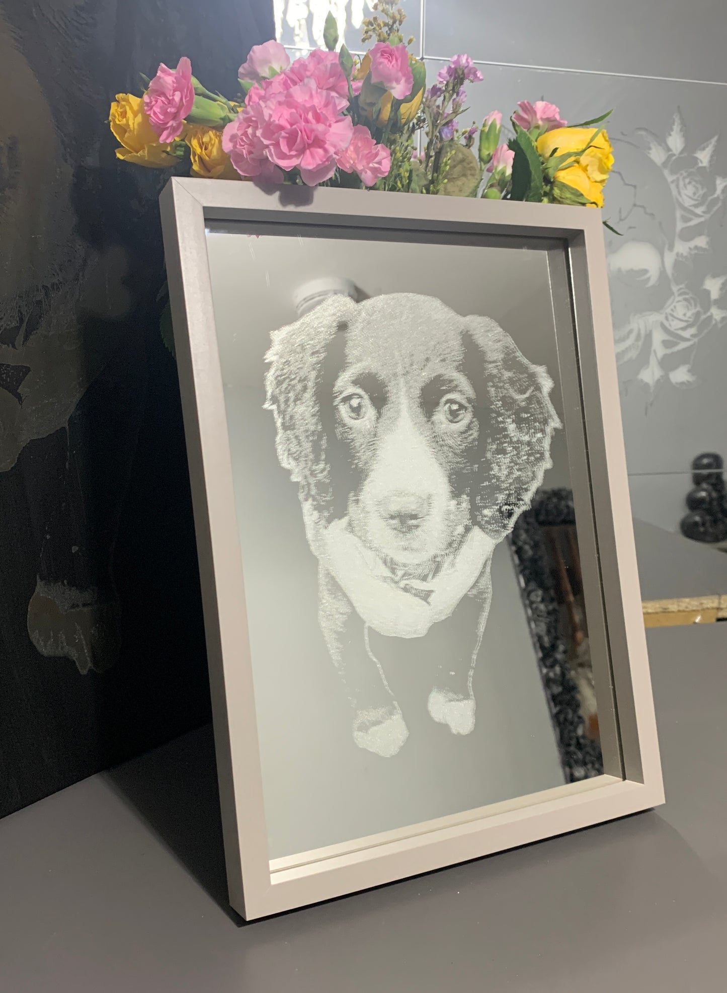 Photo engraved framed mirror - White