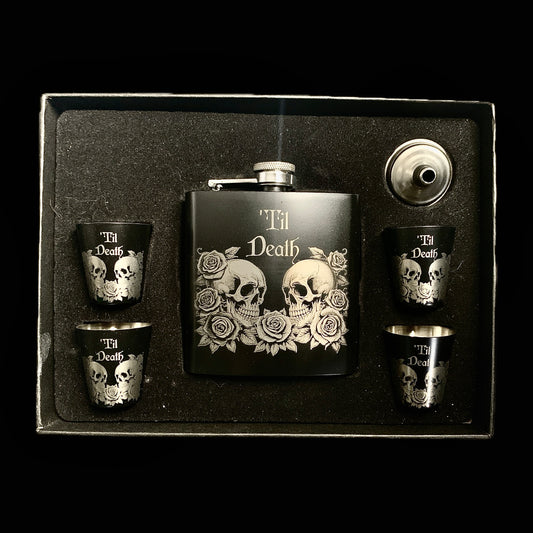Til Death Skull & Rose Hip flask and shot glass gift box set - Black