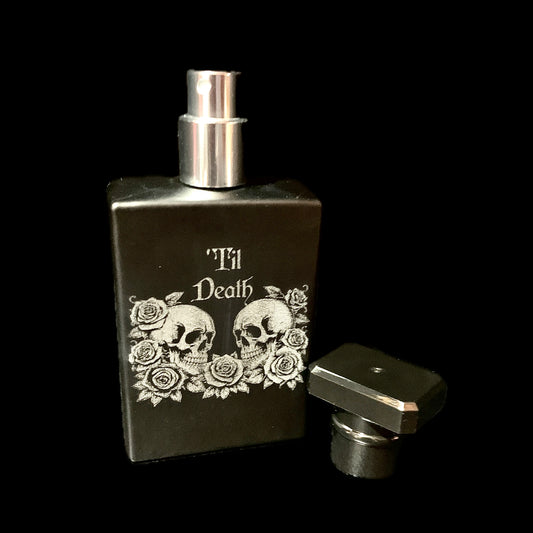 'Til Death Skull & Rose Engraved black glass Perfume/ Aftershave bottle