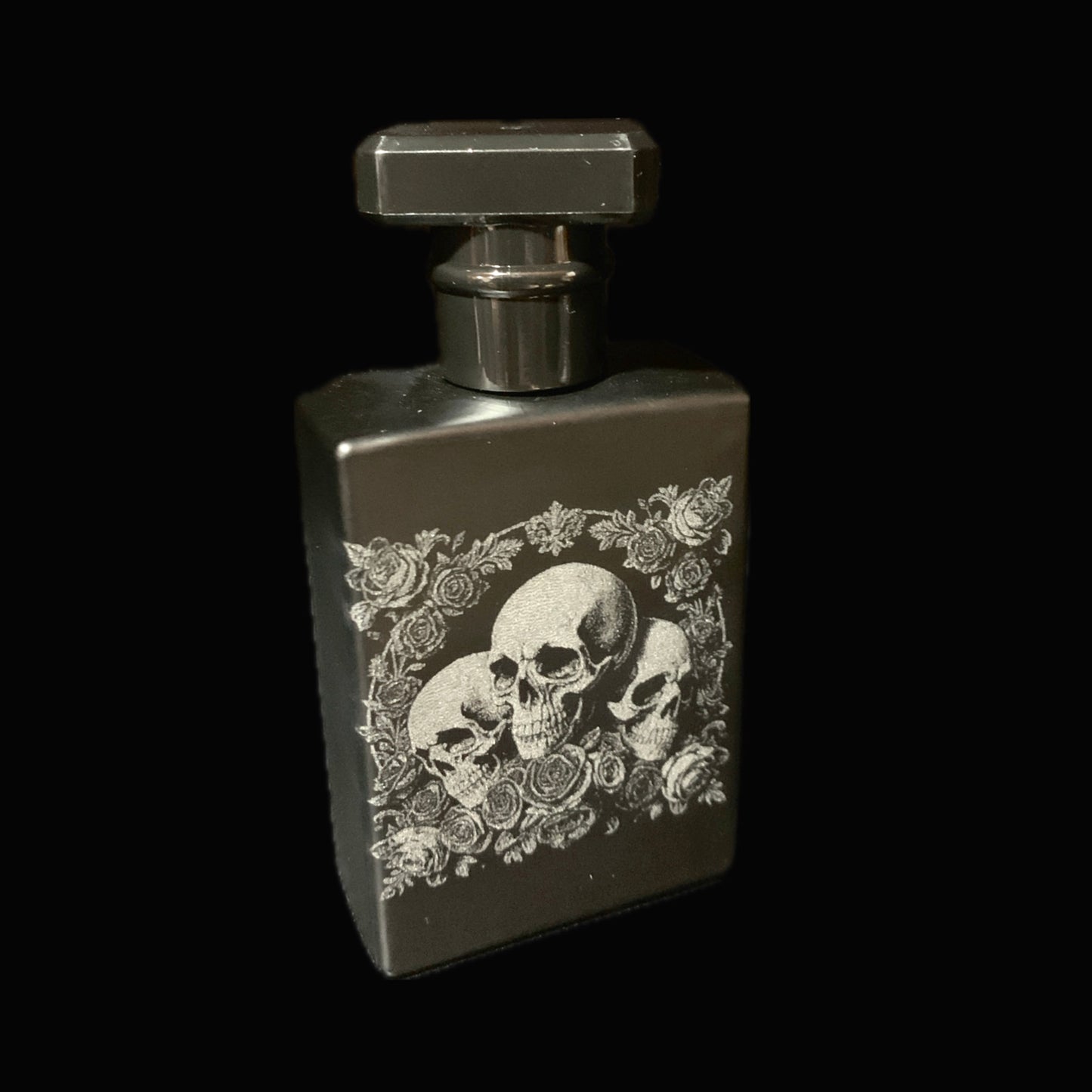 Skull & Rose Engraved black glass Perfume/ Aftershave bottle