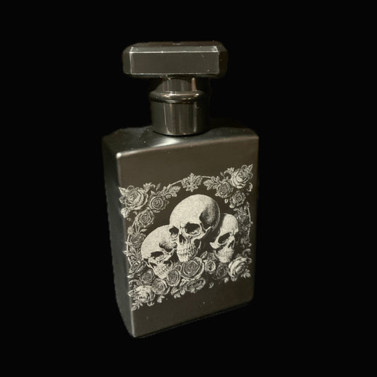 Skull & Rose Engraved black glass Perfume/ Aftershave bottle