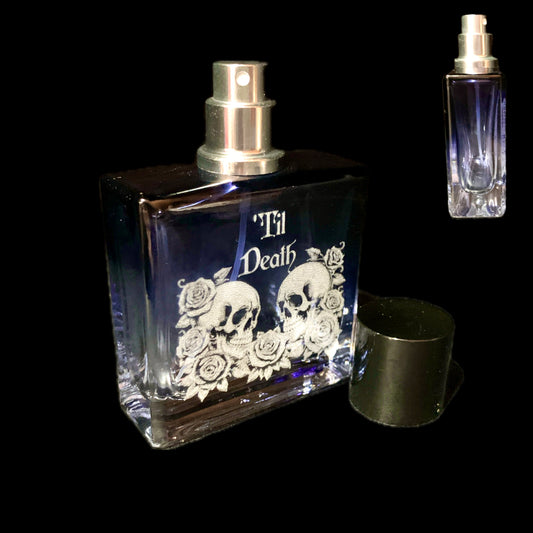 'Til Death Skull & Rose Engraved Blue Ombre glass Perfume/ Aftershave bottle