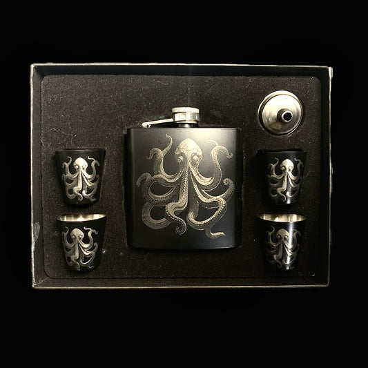 Kraken Hip flask and shot glass gift box set - Black