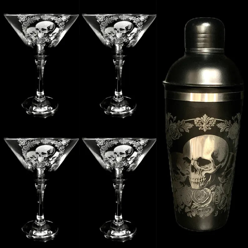 Deluxe Skull & Rose Black cocktail shaker & Martini set