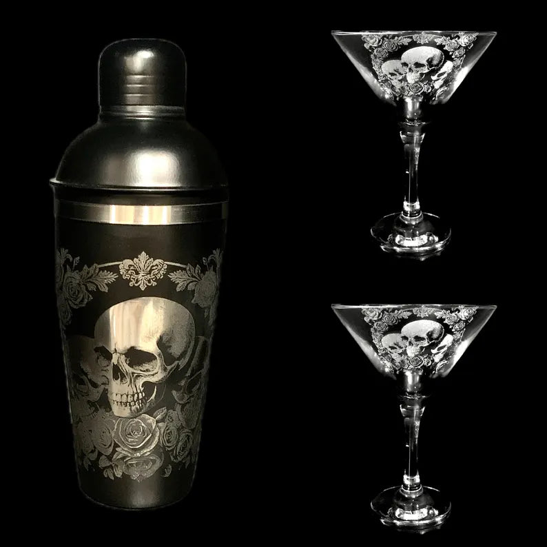 Deluxe Skull & Rose Black cocktail shaker & Martini set