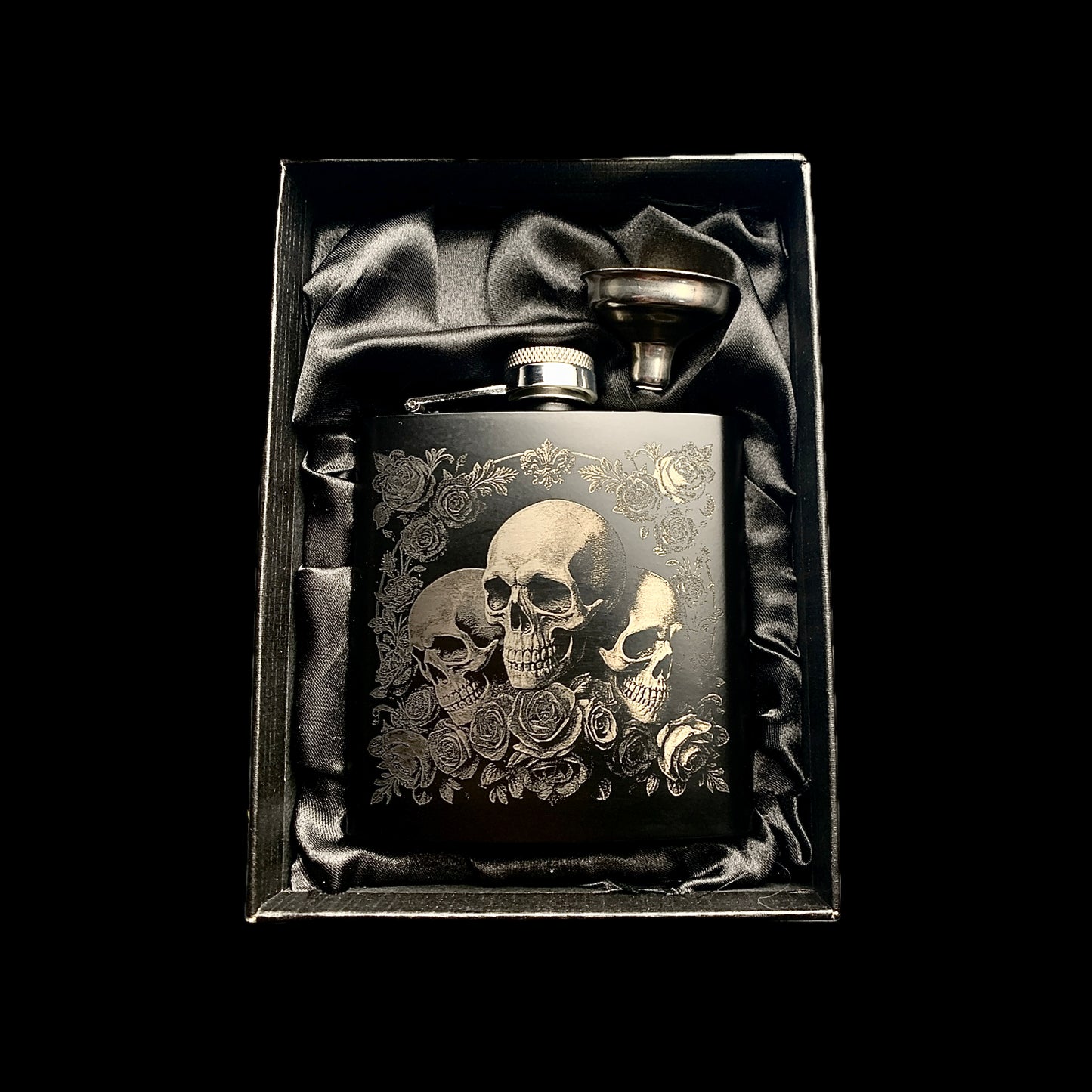 Deluxe Skull & Rose Hip flask gift box set - Black