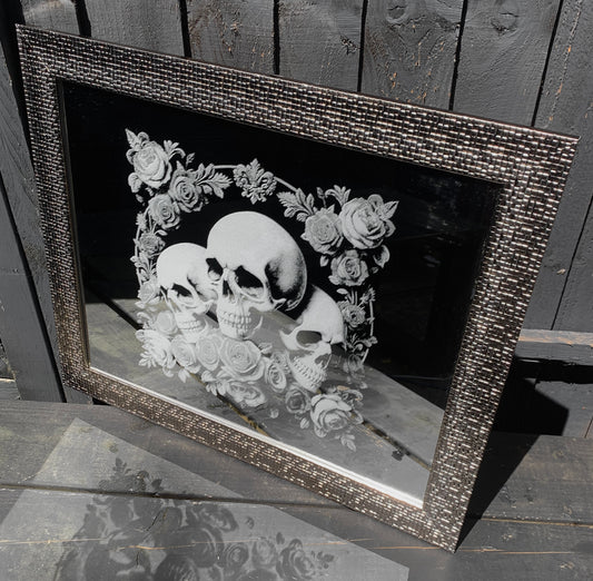 Deluxe Skull & Rose Large silver framed mirror