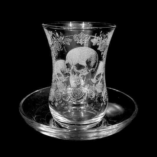 Deluxe Skull & Rose engraved Turkish tea cup & saucer çay