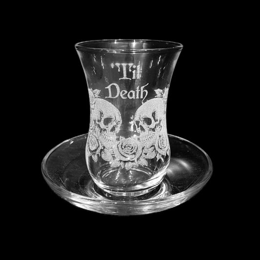 'Til Death Skull & Rose engraved Turkish tea cup & saucer çay