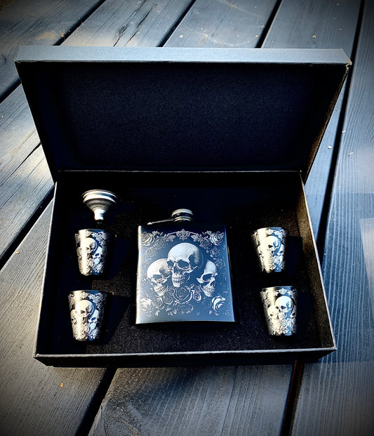 Deluxe Skull & Rose Hip flask and shot glass gift box set - Black