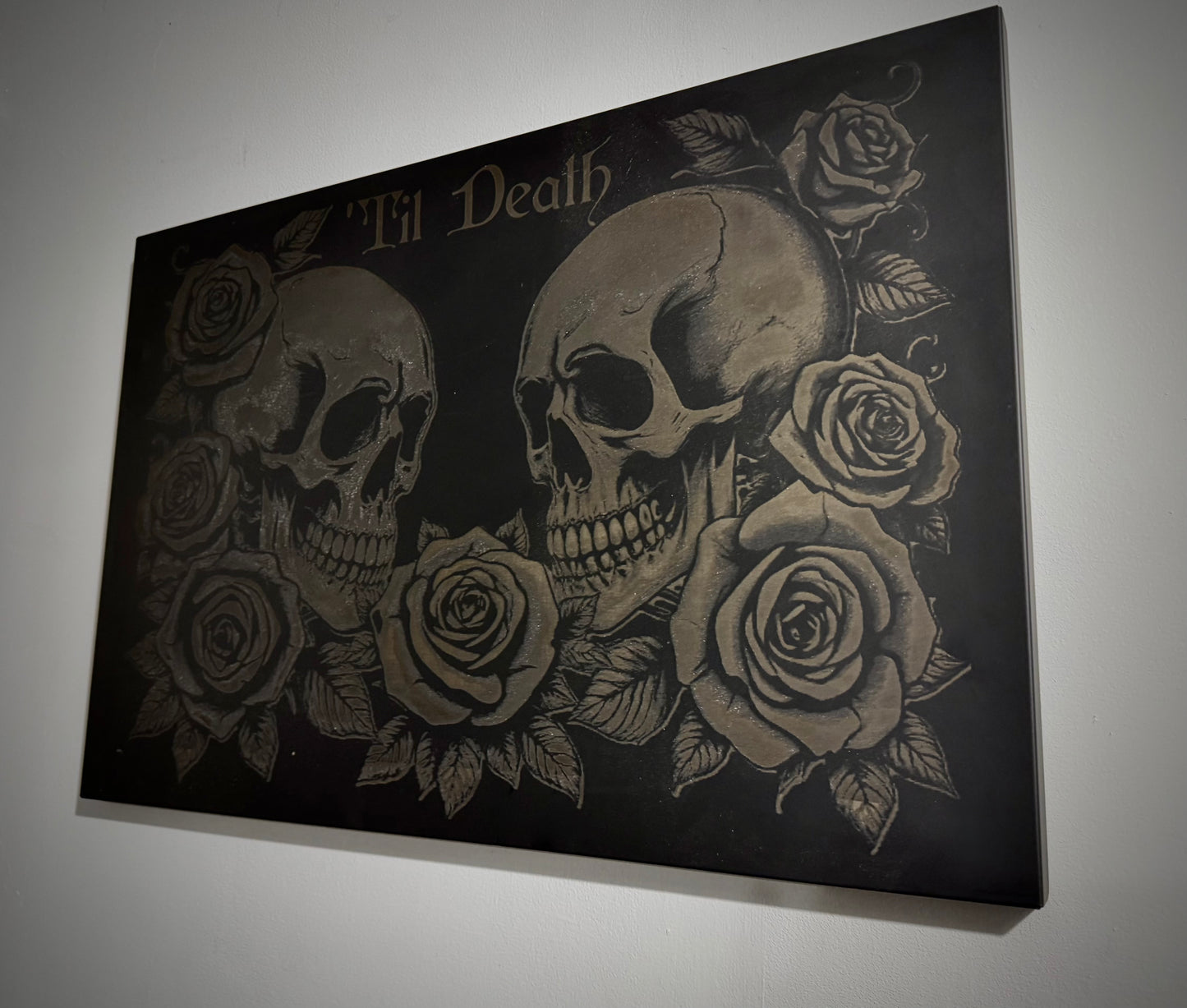 'Til Death Skull & Rose Large Engraved Metal Wall Art