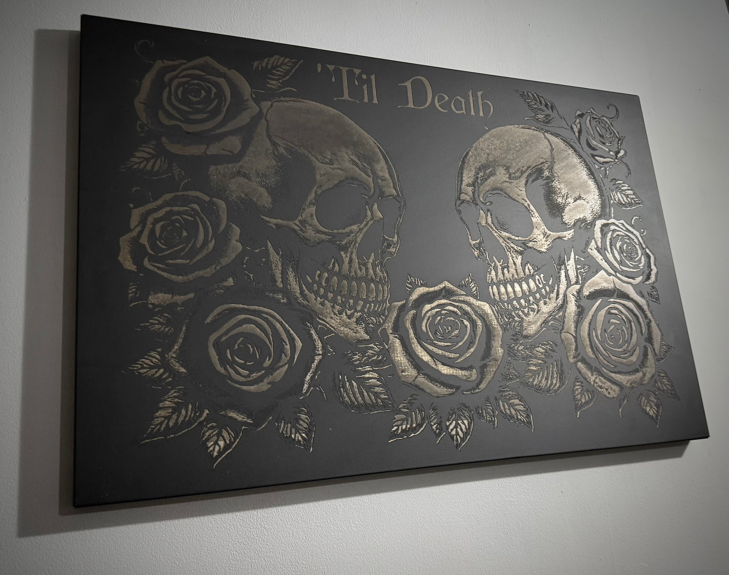 'Til Death Skull & Rose Large Engraved Metal Wall Art