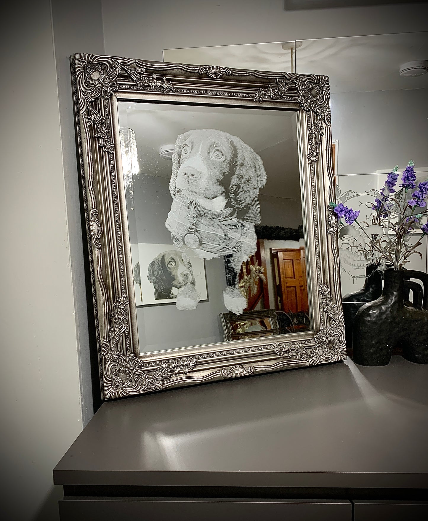 Ornate framed photo engraved silver mirror