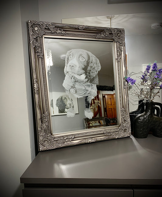 Ornate framed photo engraved silver mirror