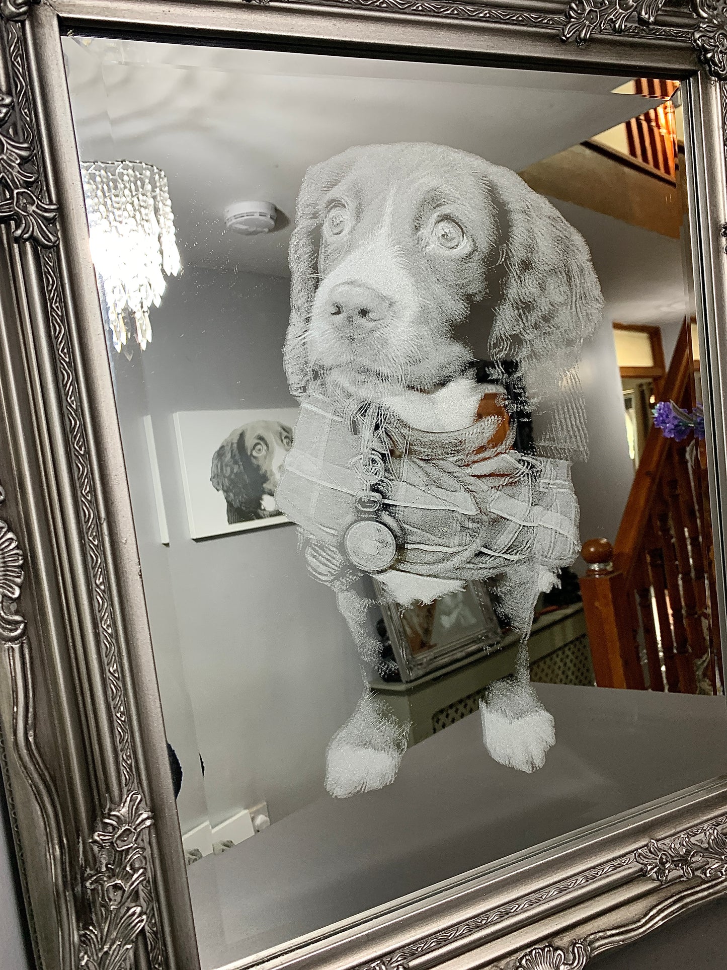 Ornate framed photo engraved silver mirror