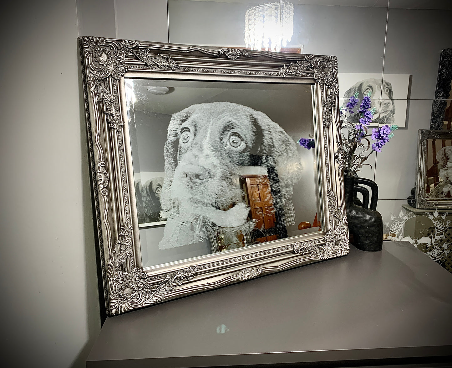 Ornate framed photo engraved silver mirror