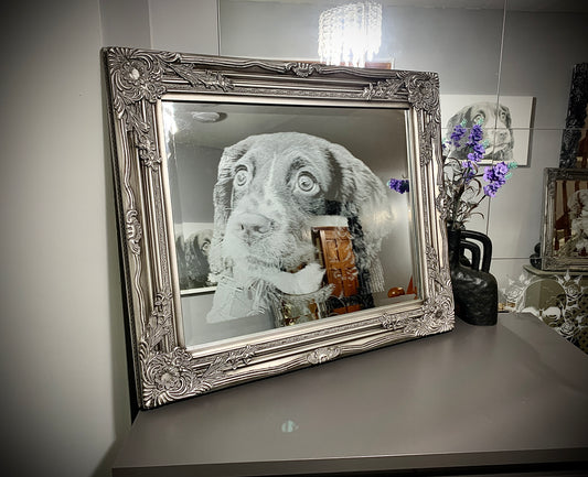 Ornate framed photo engraved silver mirror