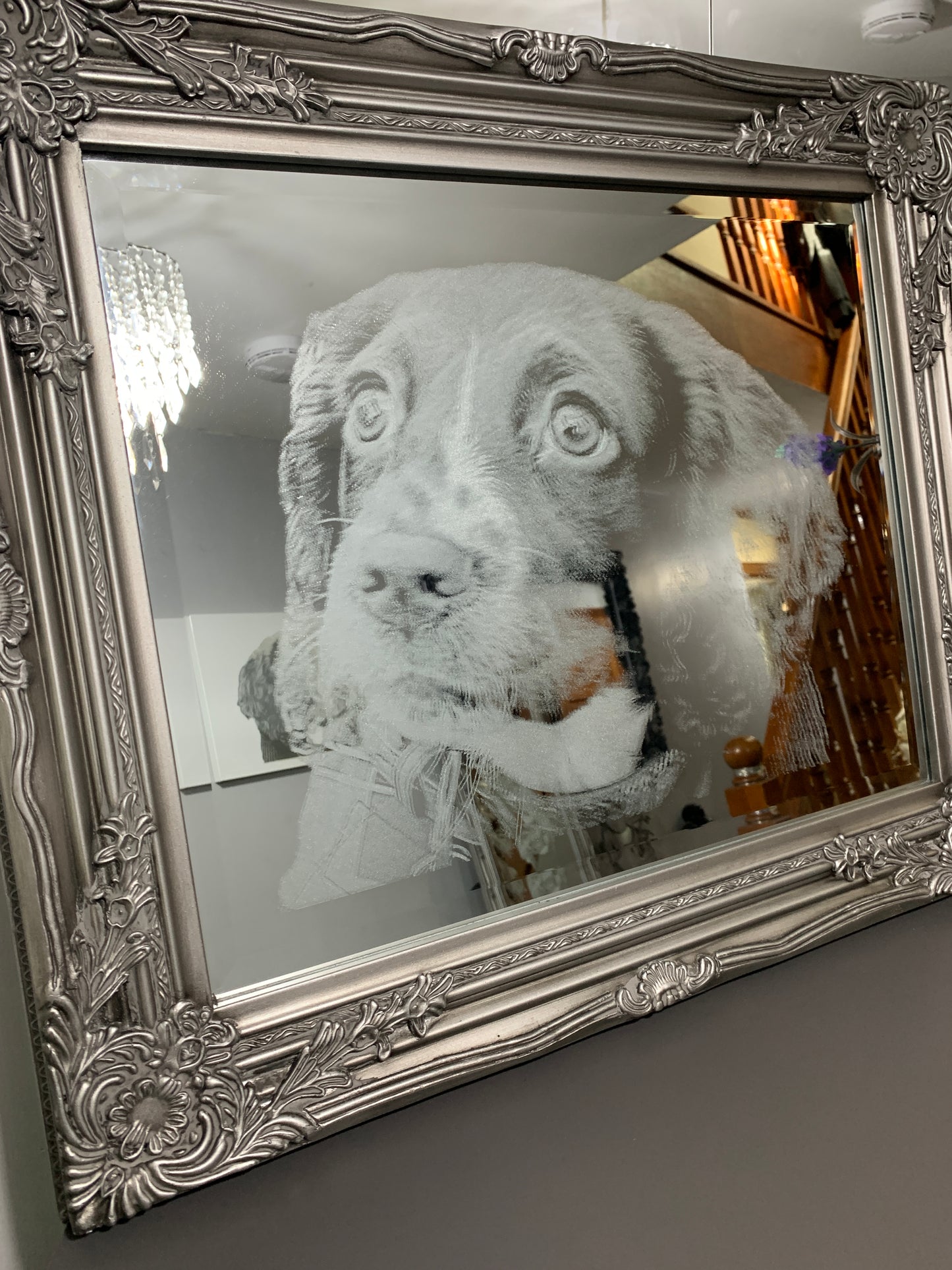 Ornate framed photo engraved silver mirror