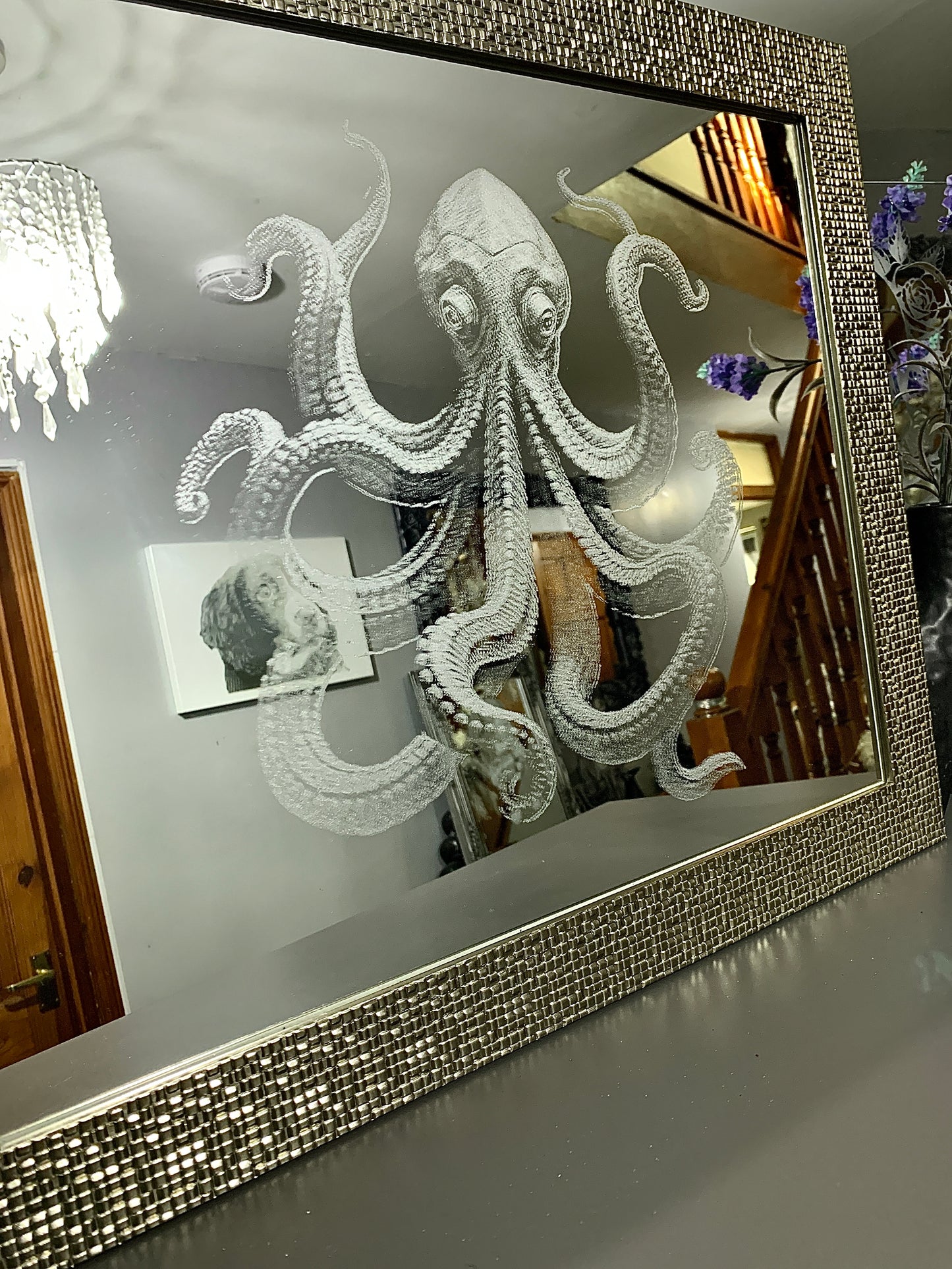 Kraken engraved mosaic silver framed mirror