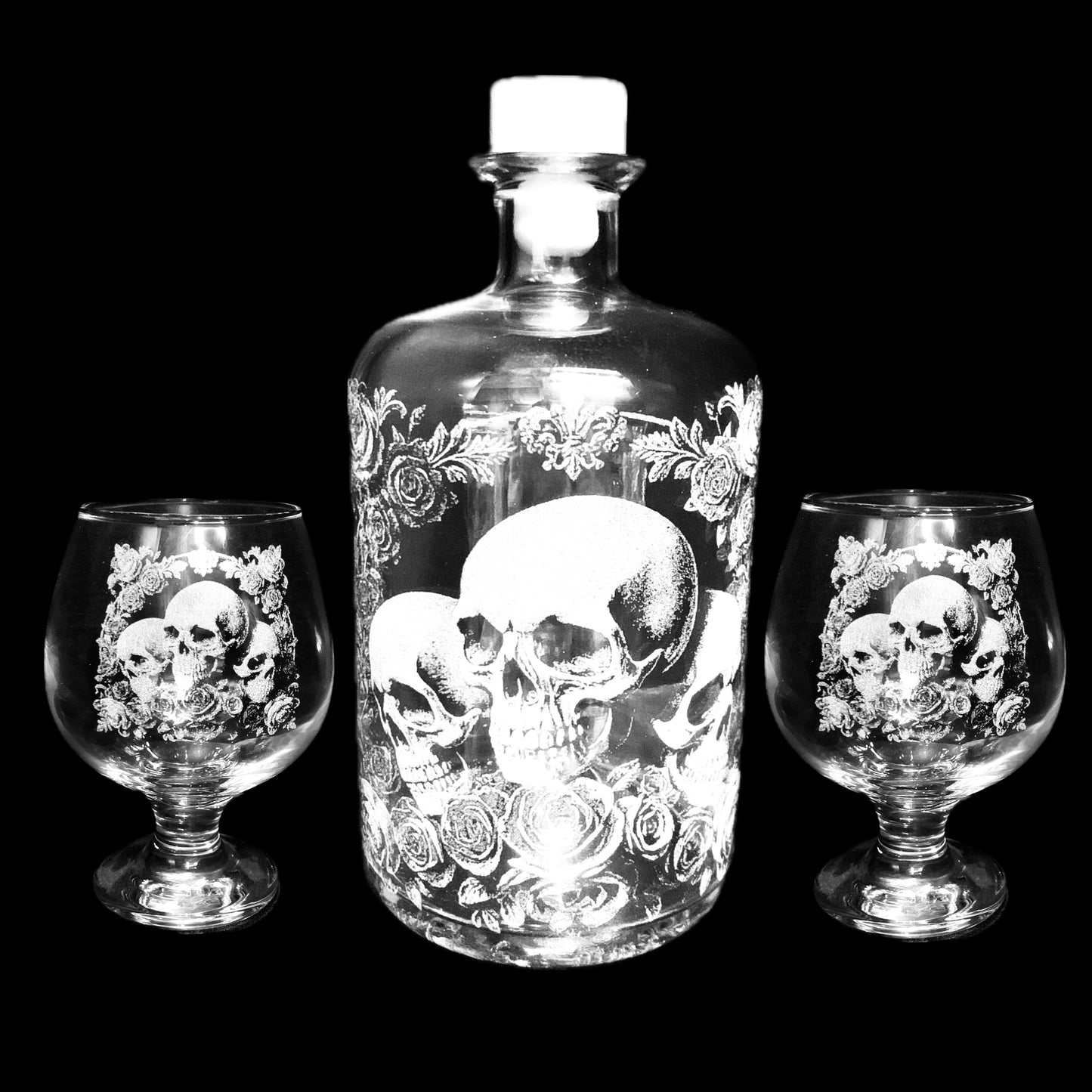 Deluxe Skull & Rose Engraved Spirit bottle and glass set