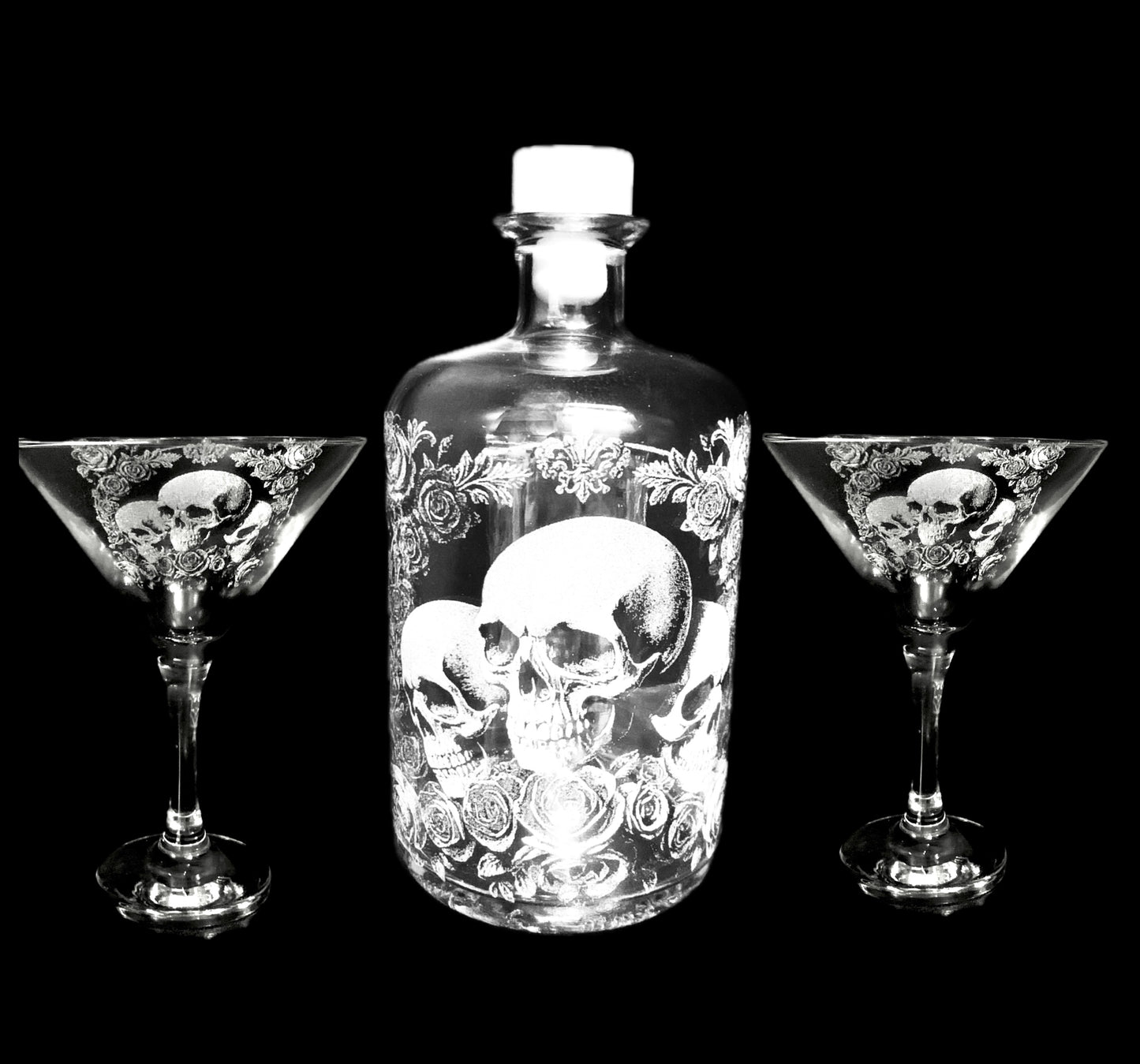 Deluxe Skull & Rose Engraved Spirit bottle and glass set