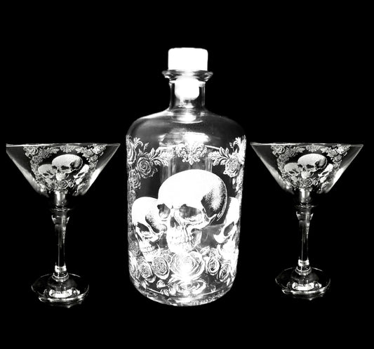 Deluxe Skull & Rose Engraved Spirit bottle and glass set