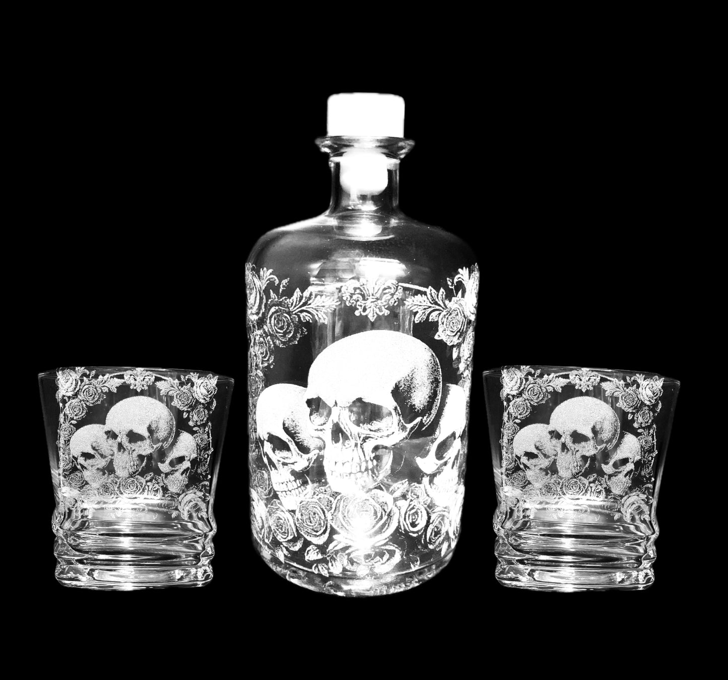 Deluxe Skull & Rose Engraved Spirit bottle and glass set