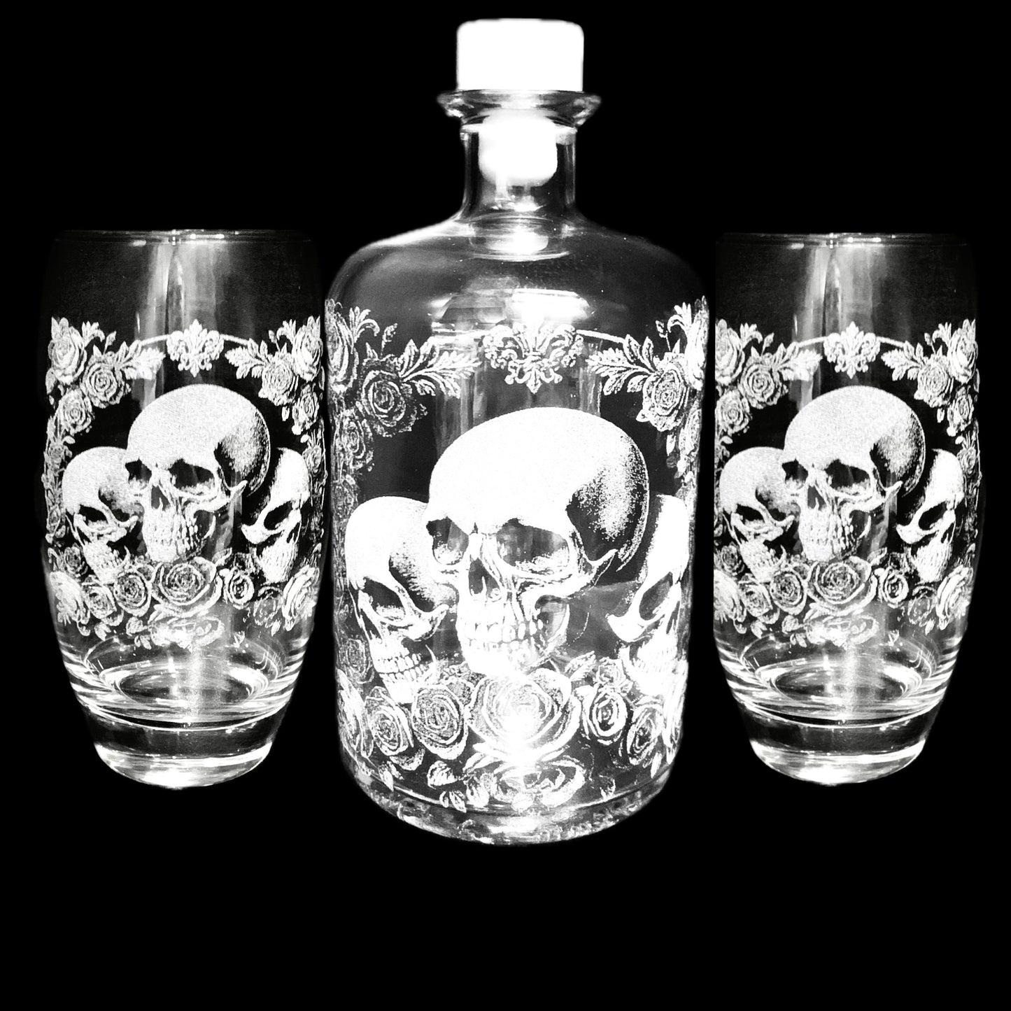 Deluxe Skull & Rose Engraved Spirit bottle and glass set
