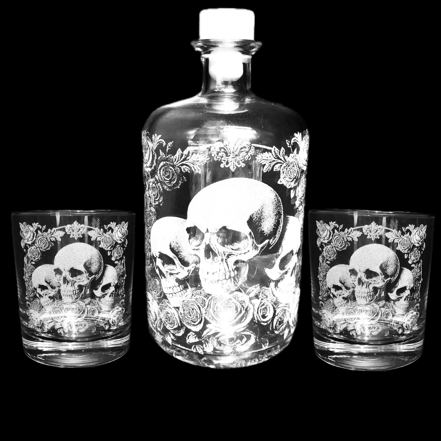 Deluxe Skull & Rose Engraved Spirit bottle and glass set