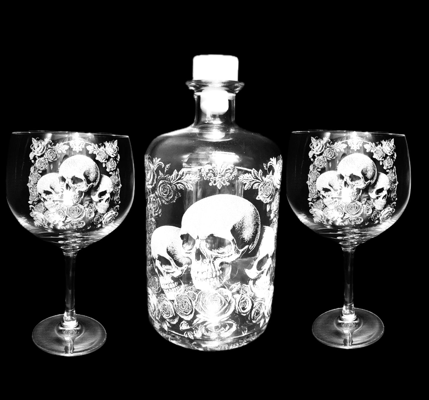Deluxe Skull & Rose Engraved Spirit bottle and glass set