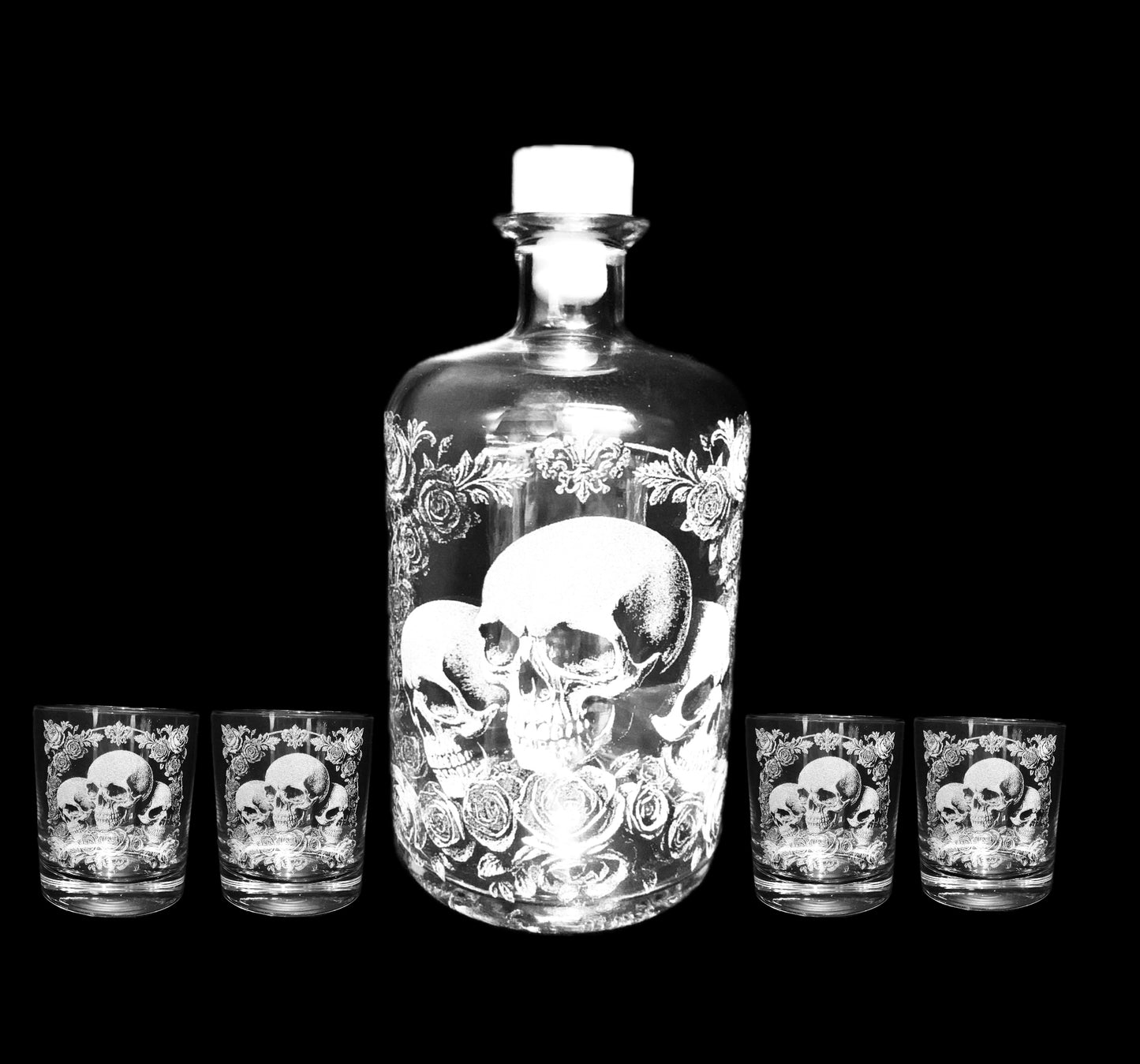Deluxe Skull & Rose Engraved Spirit bottle and glass set