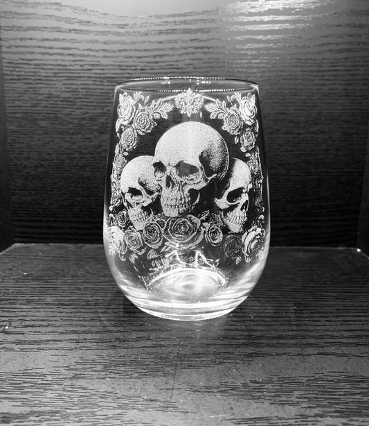 Deluxe Skull & Rose Stemless Wine Glass