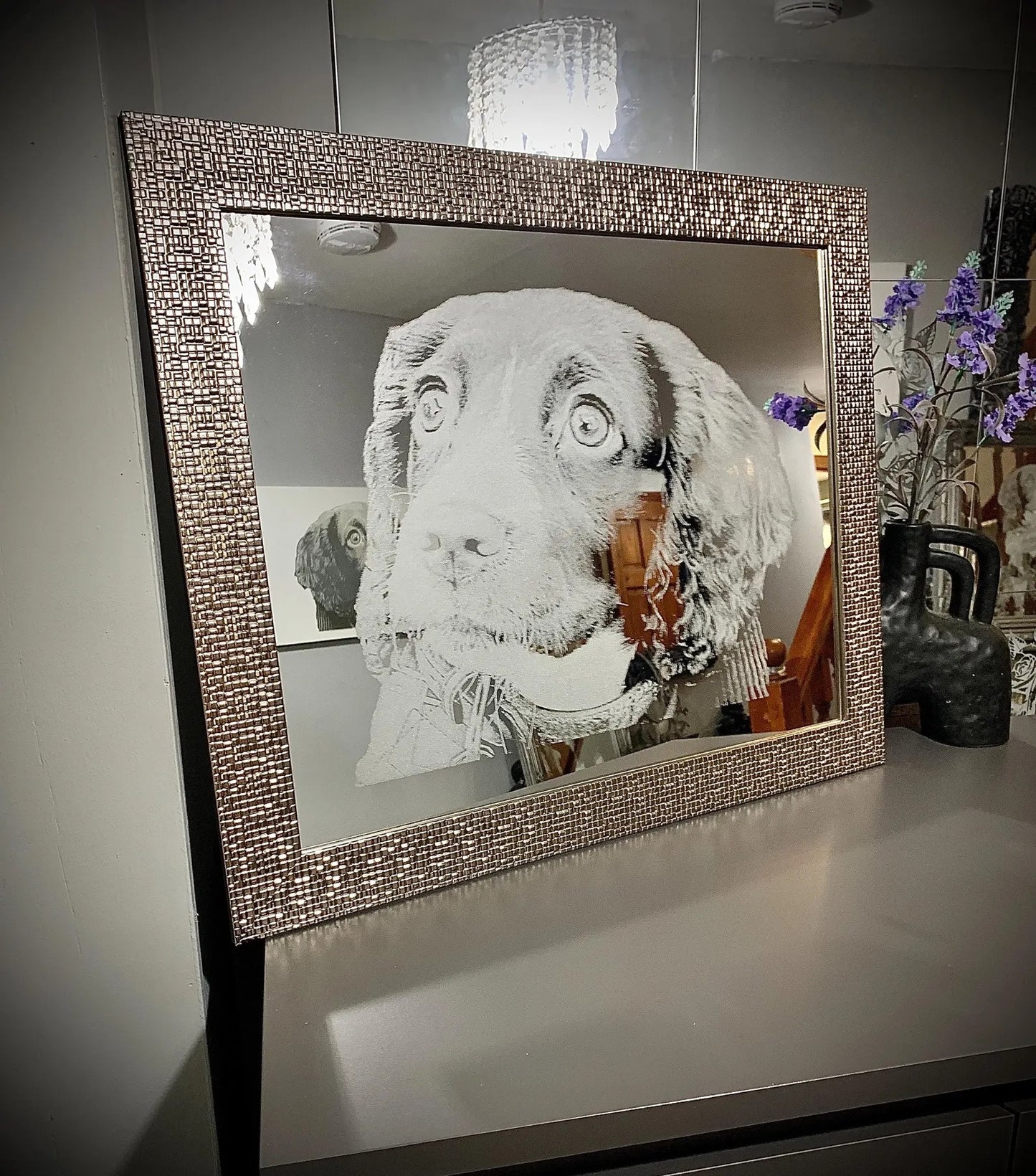 Large Photo engraved mosaic silver framed mirror