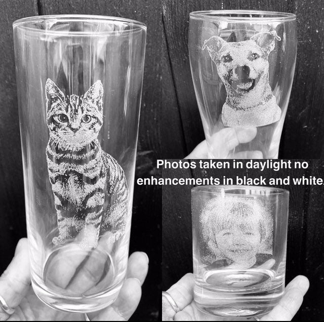 PHOTO engraved glassware, personalised etched, gift pets, dogs, cat, pictures children beer, pint, whiskey tankard, gin, daddy, Christmas