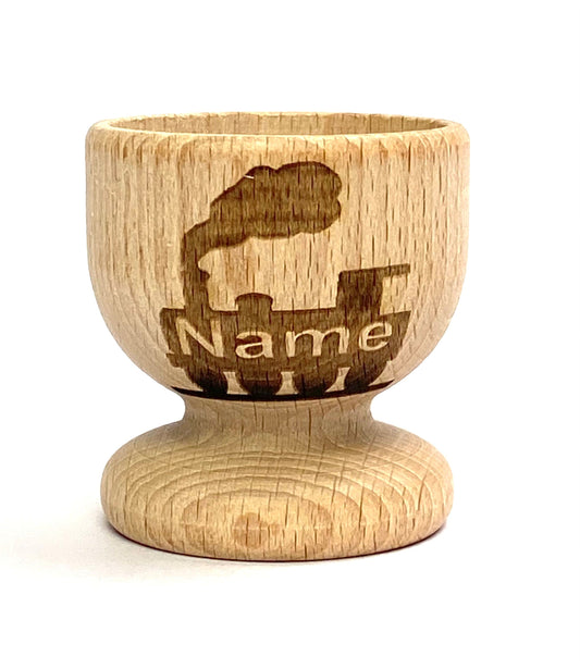 TRAIN EGG CUP wooden, engraved, personalised Easter, eco, many etched designs to choose , Buy 2 get 1 free, child, bunny, gift