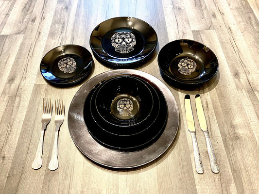 ENGRAVED BLACK, dinnerware, etched bowls, mug, pasta, rose goth, table, side plate, Christmas, dining, set, cat dog owl, skull elephant